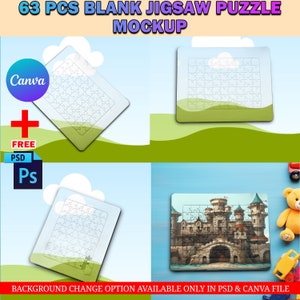 Canva 63 Piece Puzzle Mockup, Jigsaw Puzzle Template For Sublimation, Insert Your Own Design & Background Via Smart Canva Frame And PSD