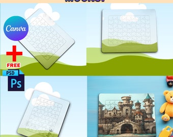 Maqueta de rompecabezas de 63 piezas de Canva, plantilla de rompecabezas para sublimación, inserte su propio diseño y fondo a través del marco inteligente de Canva y PSD