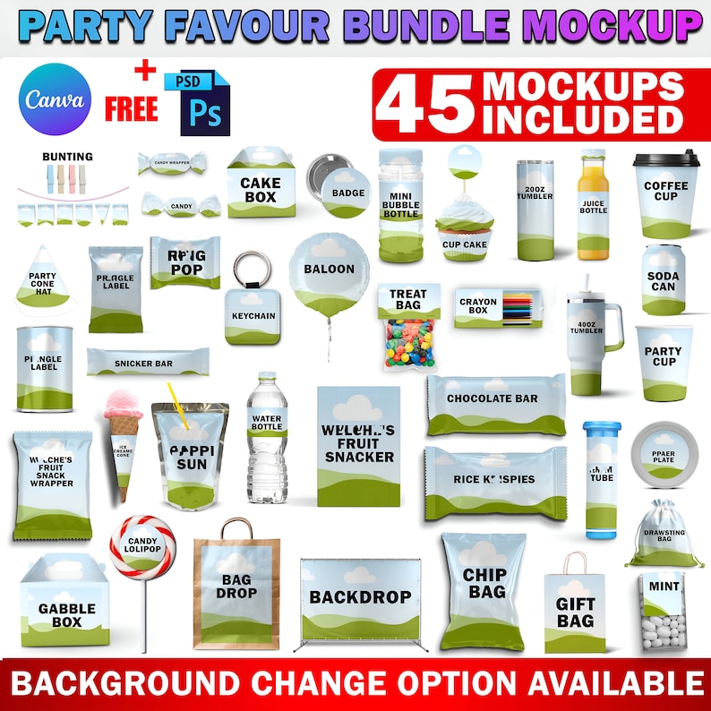 May include: A collection of 45 party favor mockups, including a cake box, a badge, a mini bubble bottle, a treat bag, a crayon box, a 20 oz tumbler, a juice bottle, a coffee cup, a 4 oz tumbler, a soda can, a party cup, a paper plate, a tube, a drawstring bag, a chip bag, a gift bag, a mint bag, a water bottle, a candy lollipop, a bag drop, a backdrop, a gable box, a pringle label, an RPIG pop, a snicker bar, a Wiche's fruit snack wrapper, a pappi sun, a party cone hat, and a bunting.
