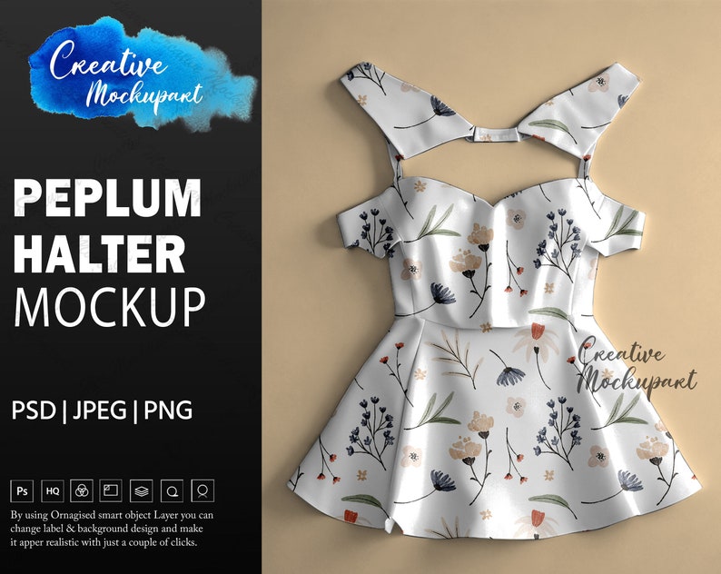 May include: A white peplum halter dress mockup with a floral pattern of beige, blue, and red flowers and green leaves. The image includes the text "PEPLUM HALTER MOCKUP" and "Creative Mockupart".