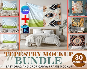 30x Tapestry Mockup Bundle, Wall Flag Mockup, Boho Tapestry Mockup, Transparent PNG, Photoshop PSD, Canva Frame Tapestry Diversified Pack