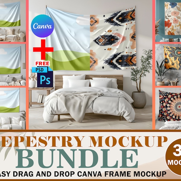 30x Tapestry Mockup Bundle, Wall Flag Mockup, Boho Tapestry Mockup, Transparent PNG, Photoshop PSD, Canva Frame Tapestry Diversified Pack