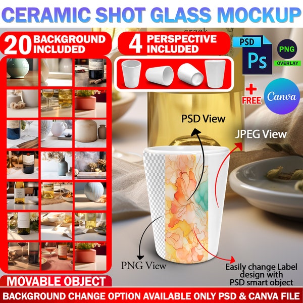 Dye Sublimation Ceramic Shot Glass Mockup, 1.5oz Liquor Glass Mockup, Insert Own Design & Background (20 Included) Via PSD And Canva Frame