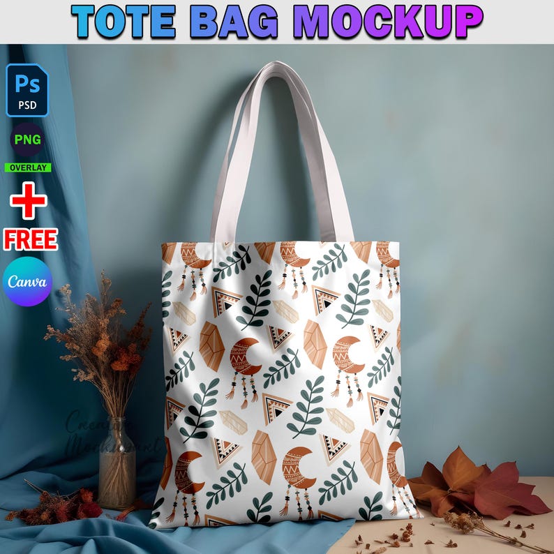 May include: White tote bag mockup with a bohemian pattern featuring brown, orange, and green colors. The pattern includes moons, crystals, and leaves.