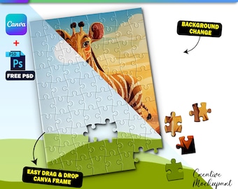Maqueta de rompecabezas de sublimación de Canva, plantilla de rompecabezas, inserte su propio diseño y fondo a través de Smart Canva Frame y Photoshop PSD