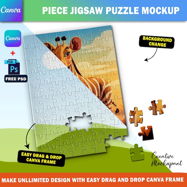 Canva Sublimation Puzzle Mockup, Jigsaw Puzzle Template, Insert Your Own Design & Background Via Smart Canva Frame And Photoshop PSD
