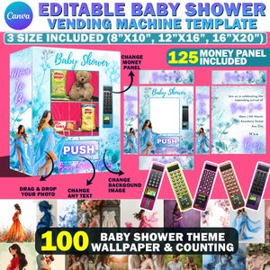 Canva Baby Shower Vending Machine Template, 8x10, 8.5x11, 16x20 DIY Editable Baby Shower Canva Template,  Free Money Panel PNG, Backgrounds