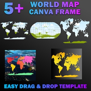 Maak je eigen wereldkaartontwerp op Canva, eenvoudig bewerkbare CANVA-framesjabloon met slepen en neerzetten, ontwerpt kaart van de wereld PNG- en SVG-indeling