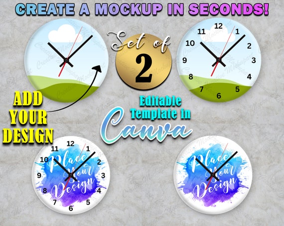 Canva Frame Dye Sublimation Round Glass Clock Mockup | Clock Canva Frame Mockup, Add your own design Via Canva Frame