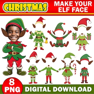 Afro American DIY Elf Yourself PNG Bundle, Christmas Add Your Own Photo Face, Elf Face Blank, Xmas Craft for Kids Xmas Bulletin Board  Decor