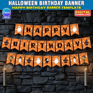Editable Happy Birthday Halloween Banner, Orange Cute Ghost Birthday Party Halloween Decor, | Spooky Halloween A-Z Banner |  Halloween Theme