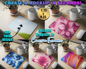 Canva Frame Rectangle 7.75 x 9.25 Inch Mousepad Mockup Template | Styled Mousepad Photography Mockup| DYE Sublimation Drag & Drop Design