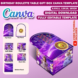 May include: Purple and gold birthday roulette table gift box template for Canva. The template includes a roulette wheel, a table with numbers, and a space for a photo. The text "5th Birthday" is on the table. The template is fully editable and comes with a video tutorial.