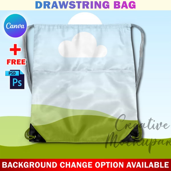 Canva Drawstring Bag Mockup With Pocket For Sublimation, Drawstring Fitness Bag Mockup, Insert Design & Background Via Smart Canva Frame PSD