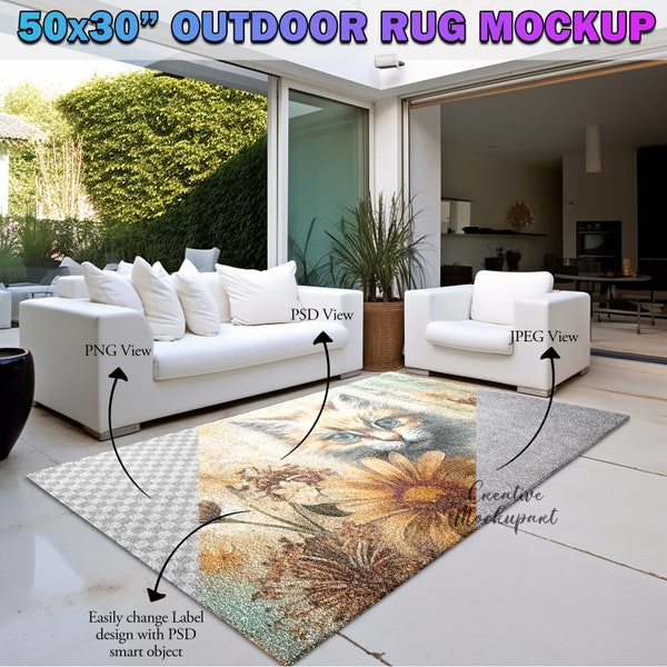 50x30 Inch Outdoor Rug Mockup | 3:2 Outdoor Mat Mockup | Carpet Mockup | Insert Design Via Photoshop Smart PSD, Canva PNG & JPG