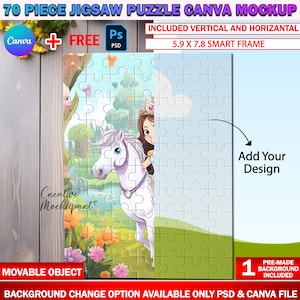 Canva 70 Piece Puzzle Mockup, Jigsaw Puzzle Template For Sublimation, Insert Your Own Design & Background Via Smart Canva Frame And PSD
