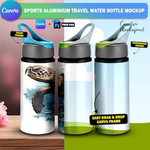 Canva Sports Bottle Mockup, Aluminum Travel Water Bottle Mockup For Sublimation, Insert Design & Background Via Photoshop PSD, Canva Frame