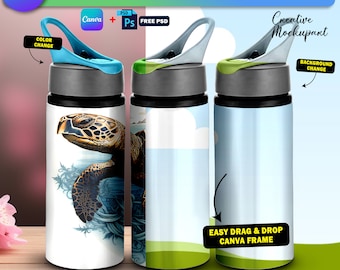 Maqueta de botella deportiva de Canva, maqueta de botella de agua de viaje de aluminio para sublimación, diseño de inserción y fondo mediante Photoshop PSD, marco de Canva