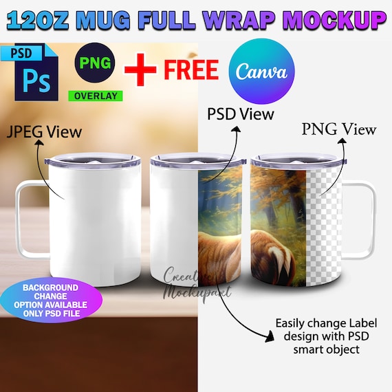 12oz Tumbler Mug With Lid Full Wrap Mockup, 12oz Coffee Mug Mockup, Change Cup Color, Handle Color, Insert Design Via Smart PSD, PNG & JPG