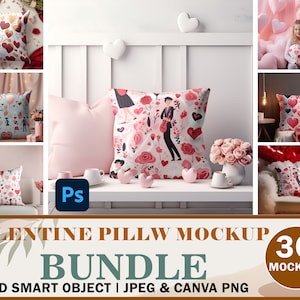 30 Valentine&#39;s Day Cushion Pillow Mockup, Accent Pillow Mockup Bundle, Love Themed Square & Heart Shape Pillow Mockup, Smart PSD, Canva PNG