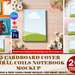 Canva Spiral Bound Notebook Mockup, Cardboard Cover Notebook Bundle, Insert Design & Background (20 Pre-Made Included) Via PSD, Canva Frame