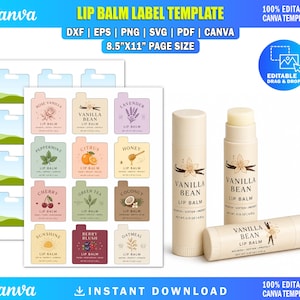 May include: A digital lip balm label template featuring twelve distinct rectangular designs with rounded tabs, including scents like rose vanilla, peppermint, and honey. Three cylindrical vanilla bean lip balm tubes are displayed.