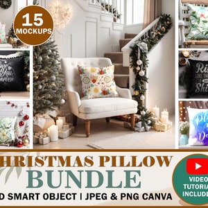 15 Christmas Pillow Mockup Bundle | Boho Pillow Mockup| Square White Pillow Mockup | 15 Pre-Made Background Included Insert Design Via PSD