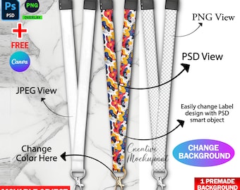 Dye Sublimation Neck Lanyard Mockup, Lanyard Neck Strap Mockup, Insert Your Design & Background Via Smart Canva Frame And Photoshop PSD