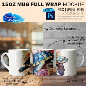 15oz Mug Full Wrap Mockup | 15oz Coffee Mug Mockup | 3 Mug Mockup | Mug Overlay Mockup | Insert Design Via Photoshop Smart PSD, PNG & JPG