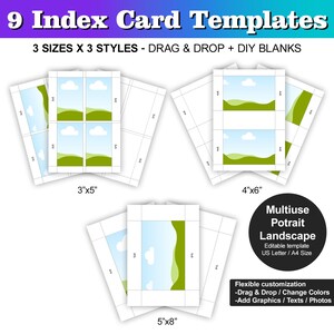 May include: Nine printable index card templates in three sizes: 3x5 inches, 4x6 inches, and 5x8 inches. Each template features a landscape design with a blue sky, white clouds, and green hills. The templates are editable and can be customized with graphics, text, and photos.