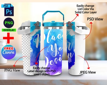 Dye Sublimation 30oz Tumbler With Flip Straw Mockup, Full Wrap Mockup, Insert Design & Background Via PSD And Smart Canva Frame