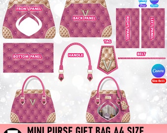 Może przedstawiać: Drukowany szablon na mini torebkę na prezent. Szablon zawiera wszystkie panele potrzebne do stworzenia torebki, w tym przód, tył, spód, boki, uchwyt i metkę. Torebka jest różowa z złotą lamówką i pikowanym wzorem.