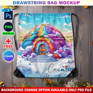 May include: A colourful drawstring bag mockup featuring a cartoon illustration of a snow-covered igloo with a rainbow-coloured exterior and a door. The bag is made of a soft, durable fabric and has a drawstring closure.