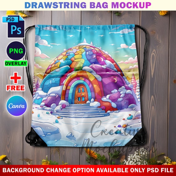 Dye Sublimation Drawstring Bag With Pocket Mockup, Drawstring Fitness Bag Mockup, Insert Design & Background Via Smart Canva Frame And PSD