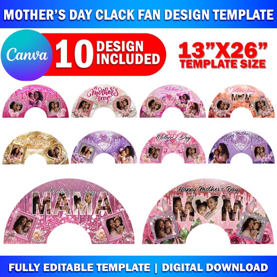 10x Mother's Day Clack Fan Design Canva Template, Fully Editable Drag & Drop Template, Canva Mother's Day Fan 26"X13" Chinese Fan Design