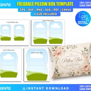 May include: A digital template for a foldable pillow box in four sizes: 3, 4, 5, and 6 inches. The templates feature a blue sky and green landscape design. A finished example shows a cream-colored box with floral illustrations and the text Pillow Box.