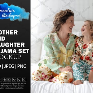 Mother & Daughter Pajama Set Mockup | Styled Photography | Sleepwear PJ House Dress Mockup| Add design Via Photoshop PSD, Canva PNG, Jpg