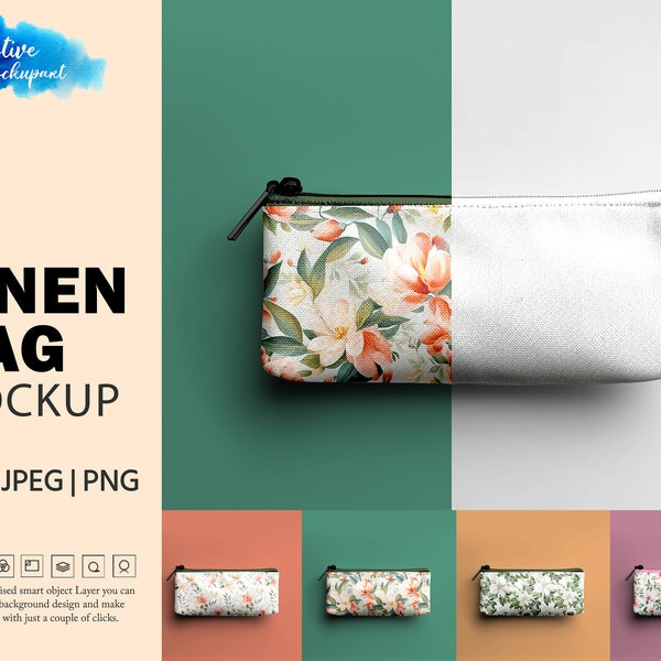 Linen Pencil Case Mockup | Dye Sublimation Canvas Pencil Bag Mockup | Change Background, Add Design Via Photoshop PSD Object, Canva PNG JPG