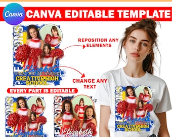 Plantilla de diseño de camiseta de animadora, diseño de camiseta deportiva, plantilla de diseño de camiseta editable en Photoshop perfecta para sublimación, DTF o DT