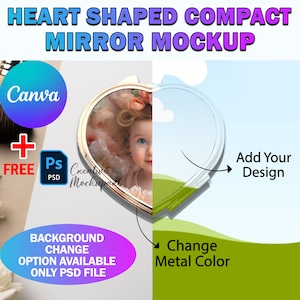 Könnte beinhalten: Ein Mockup eines herzförmigen Kompakt-Spiegels mit goldener Einfassung. Der Spiegel befindet sich auf einem grün-blauen Hintergrund. Der Text "Add Your Design" und "Change Metal Color" ist auf dem Bild sichtbar.