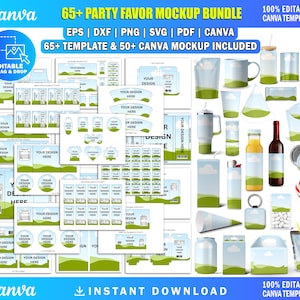 May include: A digital bundle of 65+ party favor templates and 50+ mockups featuring a blue sky and green hill graphic design. The collection includes various printable layouts for boxes, labels, cups, bottles, and tags with editable text areas.