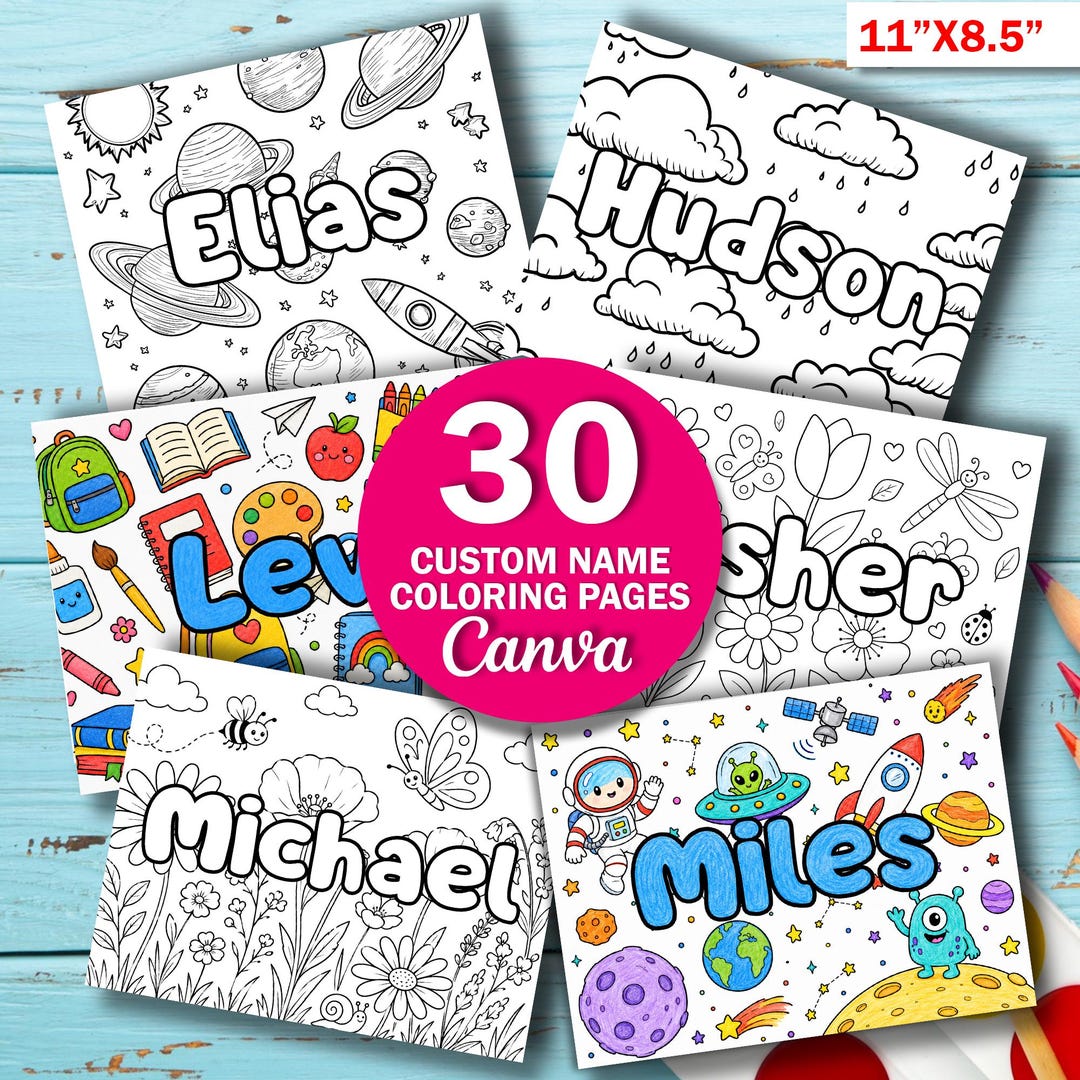 30x Custom Name Coloring Pages, Personalized Kids Activity Sheets, 8.5x11 Printable Name C