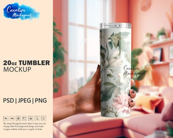 20oz Hand Holding Tumbler Mockup | 20oz Customizable Skinny Tumbler Mockup | Change Background, Insert Design Via PSD, Canva PNG & JPG