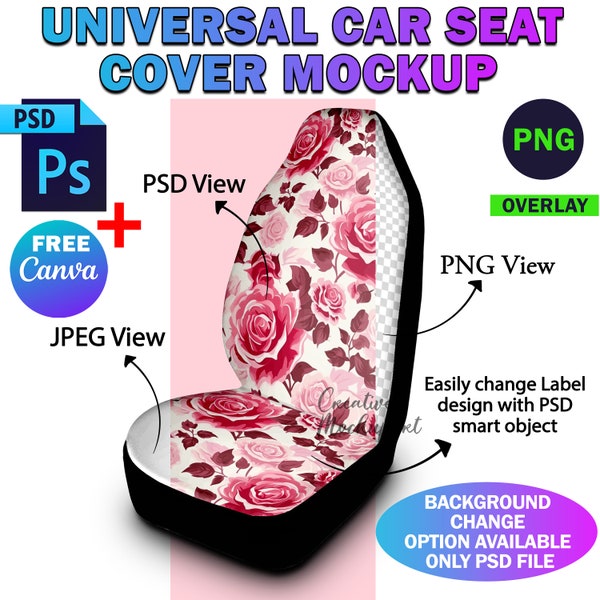 Dye Sublimation Universal Car Seat Cover Mockup, Insert Design & Background Via Photoshop PSD, Png, And Smart Canva Frame