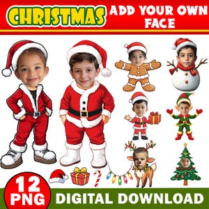 Könnte beinhalten: Ein Set mit 12 digitalen Weihnachtsbildern, auf denen du dein eigenes Gesicht einfügen kannst. Die Bilder zeigen einen Lebkuchenmann, einen Schneemann, ein Rentier, einen Weihnachtsbaum und den Weihnachtsmann in verschiedenen Posen. Der Text "Christmas Add Your Own Face" befindet sich oben im Bild. Der Text "12 PNG Digital Download" befindet sich unten im Bild.