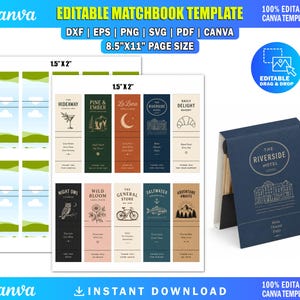 May include: An editable matchbook template in 8.5"x11" page size featuring multiple 1.5"x2" label designs with various icons and text. A dark blue matchbook with 'The Riverside Hotel' logo and building illustration is displayed on the right side.