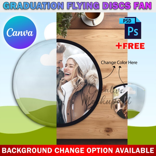 Canva Foldable Fan With Pouch Mockup, Flying Graduation Discs Fan Mockup, Insert Design & Background Via Smart Canva Frame And Photoshop PSD