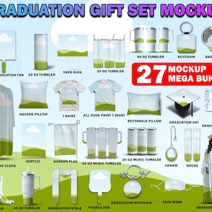 May include: A mockup set of 27 graduation gift items, including a 40 oz tumbler, 20 oz tumbler, keychain, badge pin, square pillow, t-shirt, rectangle pillow, graduation hat, graduation fan, acrylic, garden flag, graduation clock, socks, paddle fan, graduation stole, face mask, and graduation model. The items are all decorated with a green and blue landscape design.