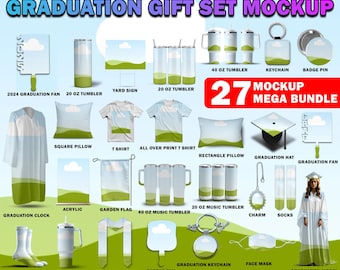 Canva Graduation Gift Set Mockup Bundle For Sublimation, Grad Stole, Fan, Pin, Tumbler, Insert Your Design & Background Via Canva Frame, PSD