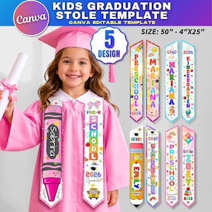 Könnte beinhalten: Ein junges Mädchen in rosa Abschlusskleid und -kappe, das eine Urkunde hält. Das Bild zeigt eine Canva-Vorlage für Kinder-Abschlussstolen mit verschiedenen Designs. Die Stolen sind farbenfroh und personalisiert, mit Text wie "Vorschule".